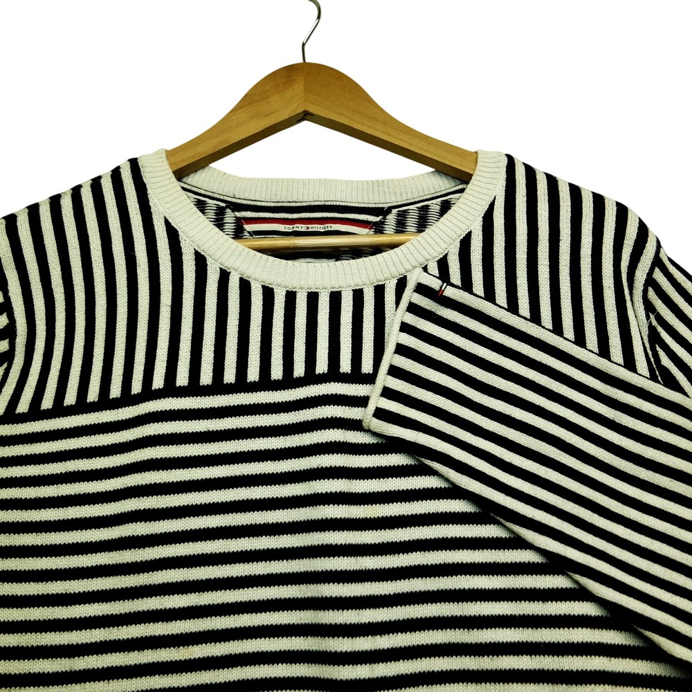 Tommy Hilfiger Womens Striped Crewneck Sweater Navy White Large Nautical Preppy